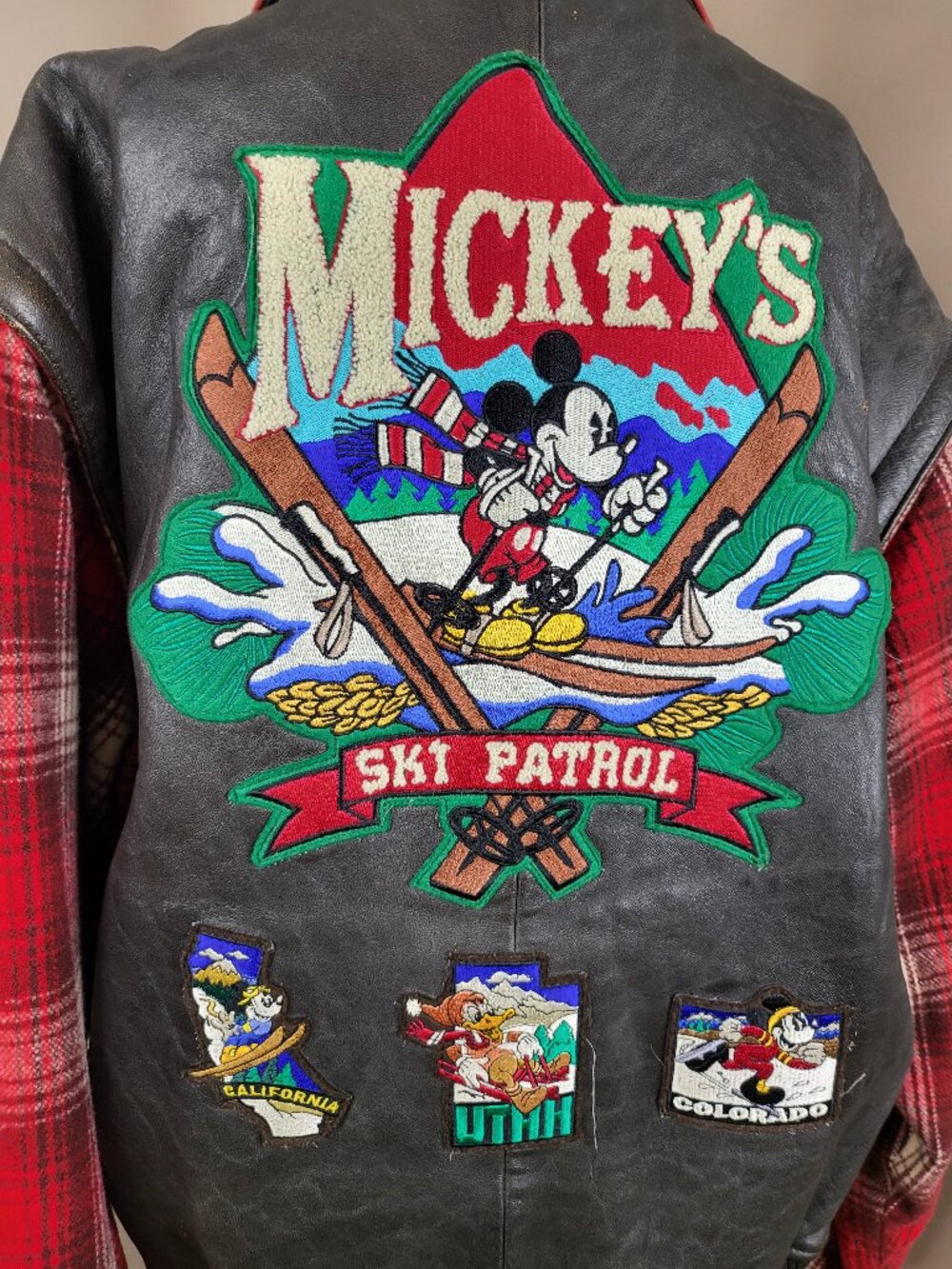 Vintage Disney Mickey Inc Ski Patrol Leather Jacket Convertible Vest Zip Sleeves